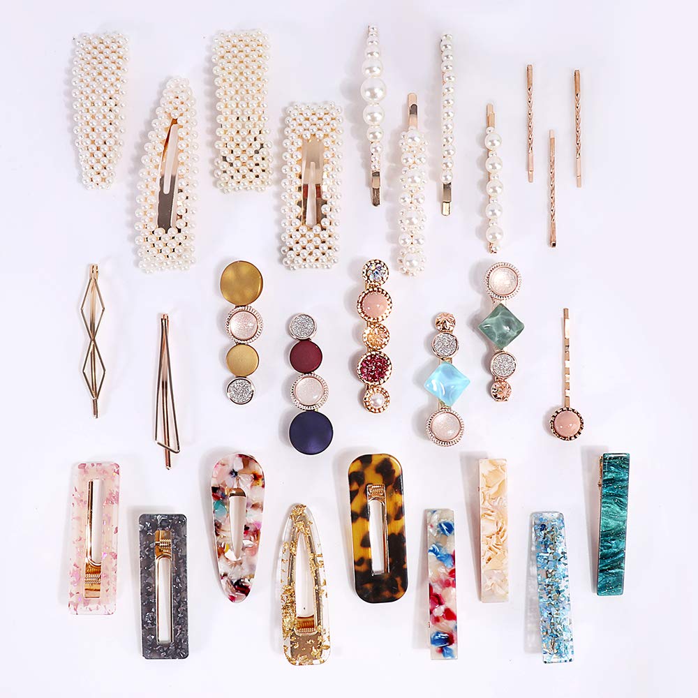 28 PCS Hingwah Pearls and Acrylic Resin Hair Clips. Handmade Hair Barrettes. Marble Alligator bobby pins. Glitter Crystal Geometric Hairpin. Elegant Gold Hair Accessories. Gifts for Women Girls