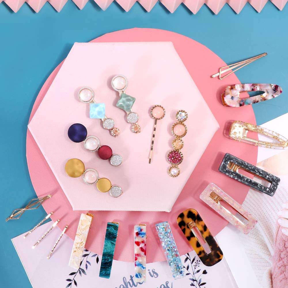 28 PCS Hingwah Pearls and Acrylic Resin Hair Clips. Handmade Hair Barrettes. Marble Alligator bobby pins. Glitter Crystal Geometric Hairpin. Elegant Gold Hair Accessories. Gifts for Women Girls