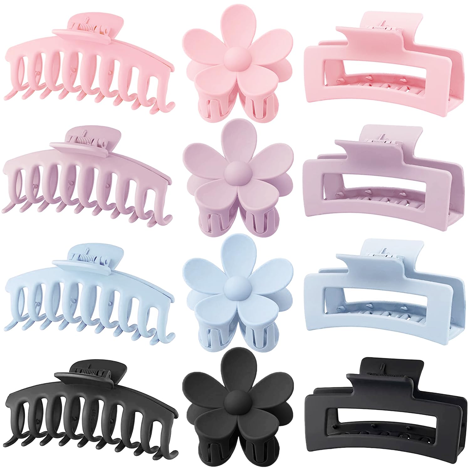 Large Hair Claw Clips 12 Pack. Flower Hair Clips for Thin Hair. Big Square Matte Strong hold for Thick Hair. 3 Styles Hair Clips for Women Thick Hair Pink Colors