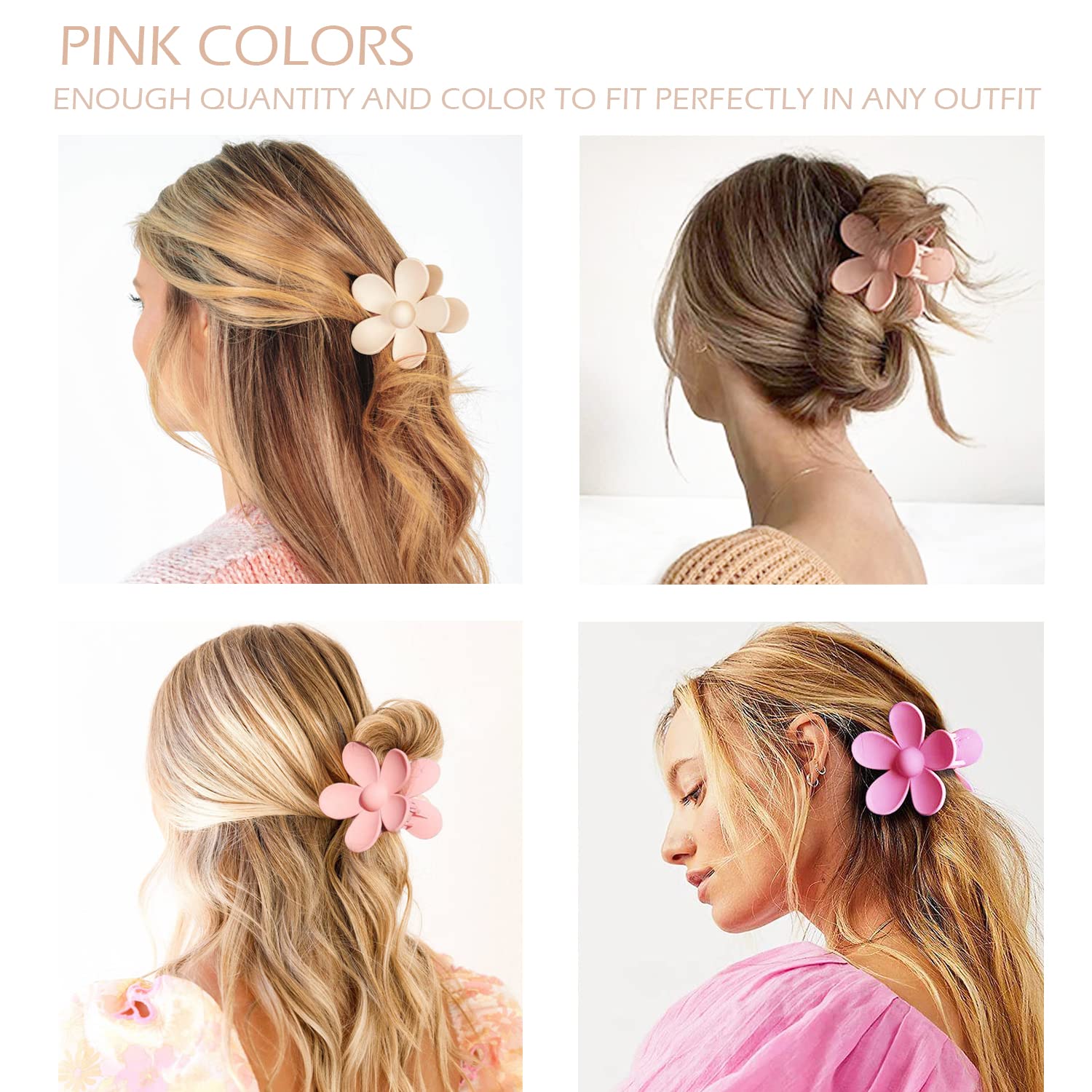 Large Hair Claw Clips 12 Pack. Flower Hair Clips for Thin Hair. Big Square Matte Strong hold for Thick Hair. 3 Styles Hair Clips for Women Thick Hair Pink Colors