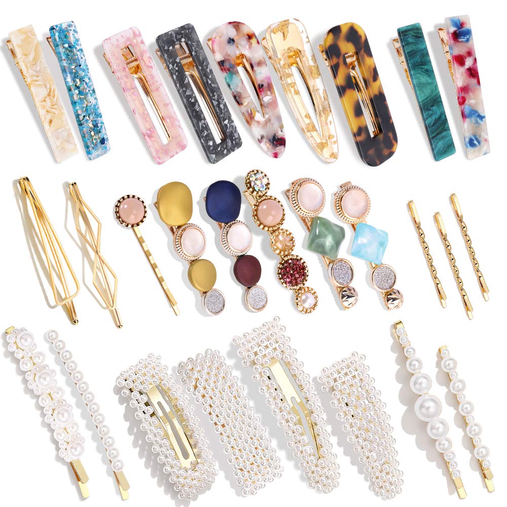 28 PCS Hingwah Pearls and Acrylic Resin Hair Clips. Handmade Hair Barrettes. Marble Alligator bobby pins. Glitter Crystal Geometric Hairpin. Elegant Gold Hair Accessories. Gifts for Women Girls