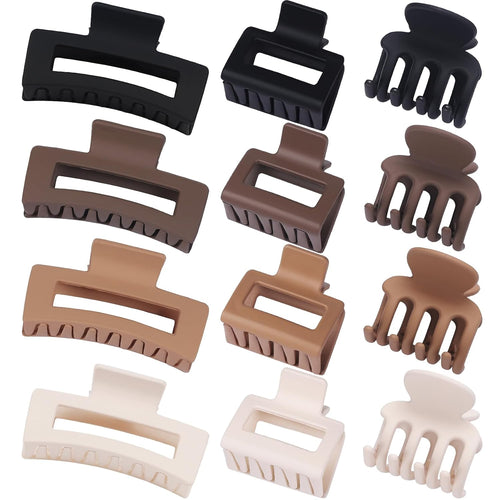 12 Pcs Hair Clips for Women 3 Styles Small Medium Large Claw Clips for Thin Thick Curly Hair. Strong Hold & Non-Slip Clips. Stylish Matte Plastic Hair Accessories Ideal Gifts for Women (Brown)