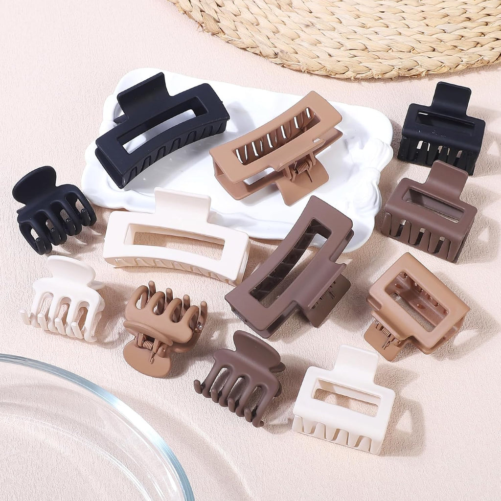 12 Pcs Hair Clips for Women 3 Styles Small Medium Large Claw Clips for Thin Thick Curly Hair. Strong Hold & Non-Slip Clips. Stylish Matte Plastic Hair Accessories Ideal Gifts for Women (Brown)