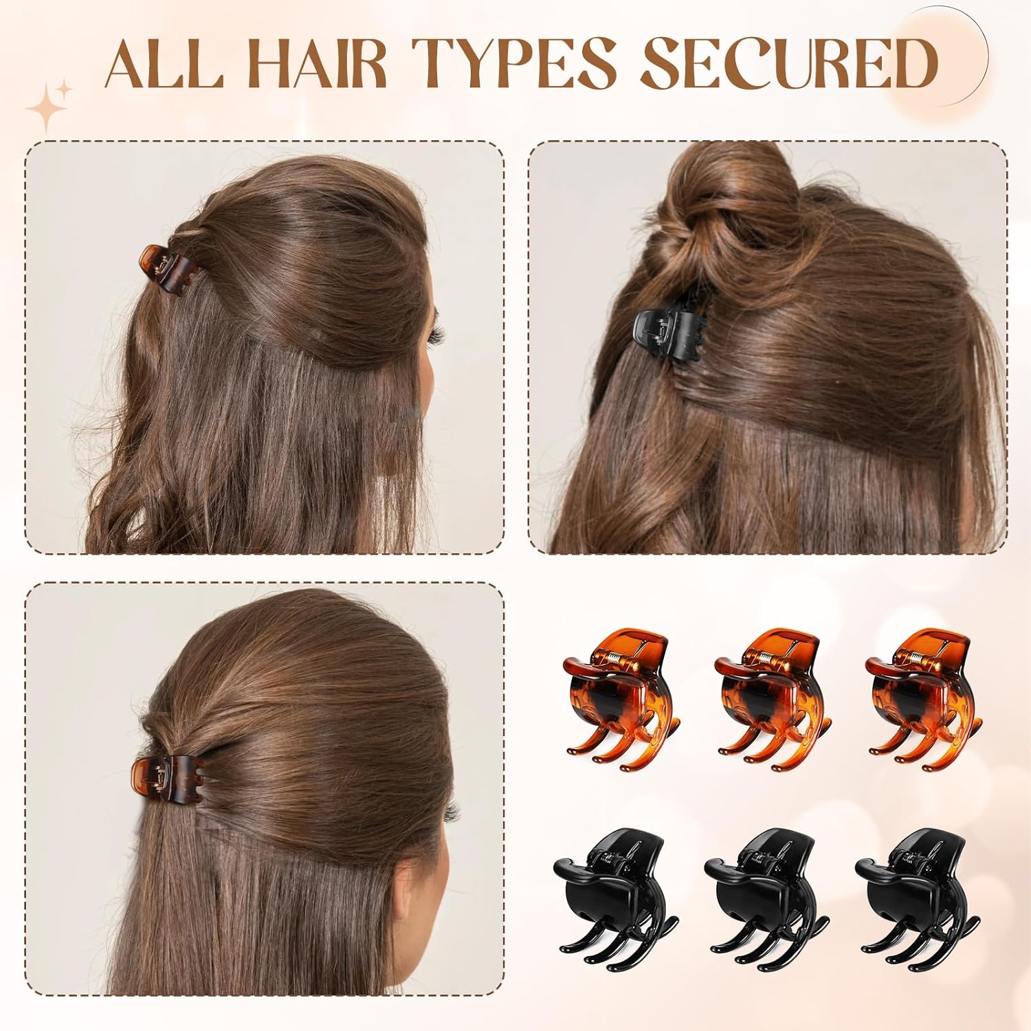 6 Piece Hair Claw Clips for Women - 1.38 Inch Small Claw Clips for Thin and Thick Hair. Non-Slip Grip. Durable Hold. 2 Color Claw Clip Mixed Pack (Black & Amber)